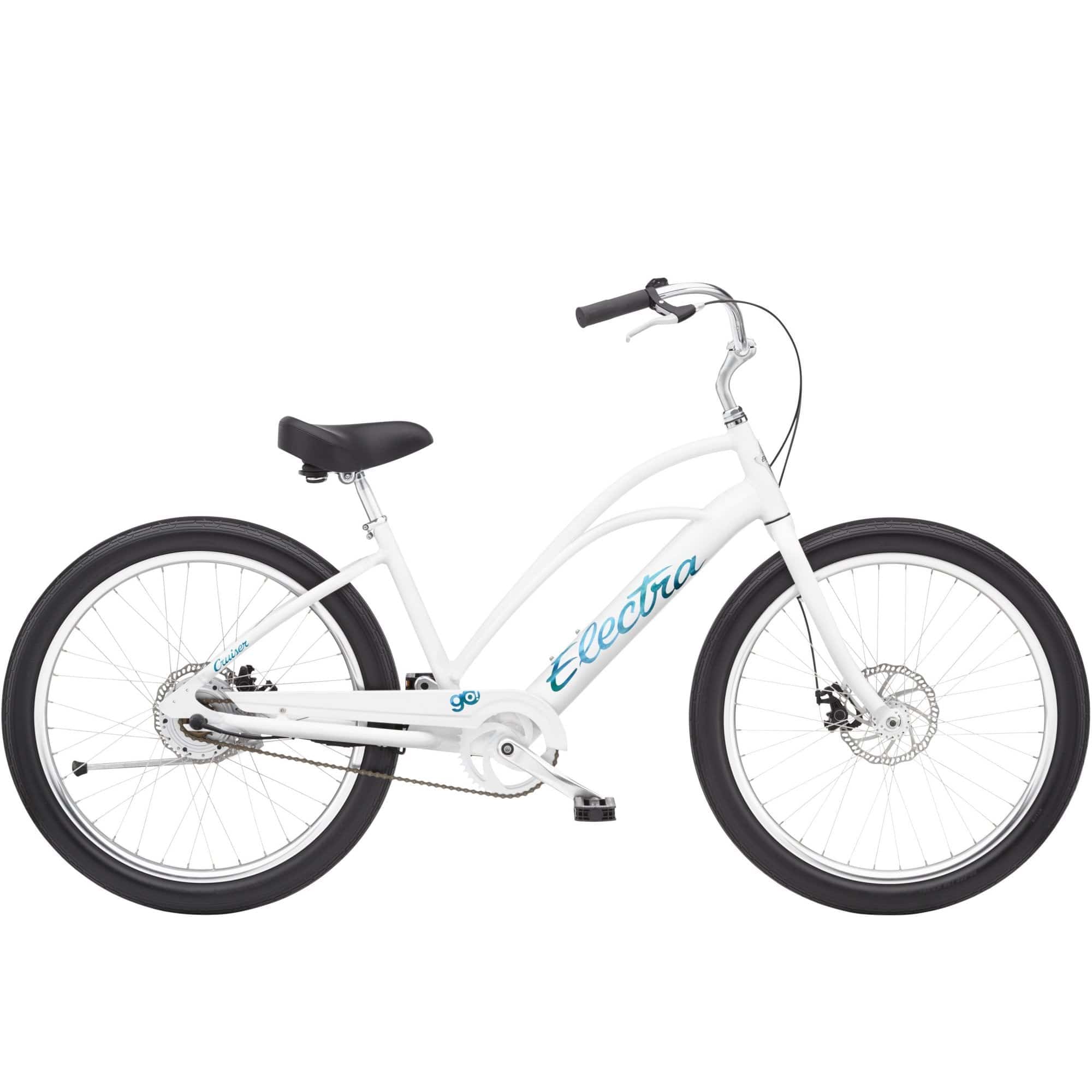 Electra Cruiser Go! step-thru e-hybrid bike with pedal assist and flat foot technology, featuring a sleek frame and ergonomic design.