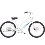 Electra Cruiser Go! step-thru e-hybrid bike with pedal assist and flat foot technology, featuring a sleek frame and ergonomic design.