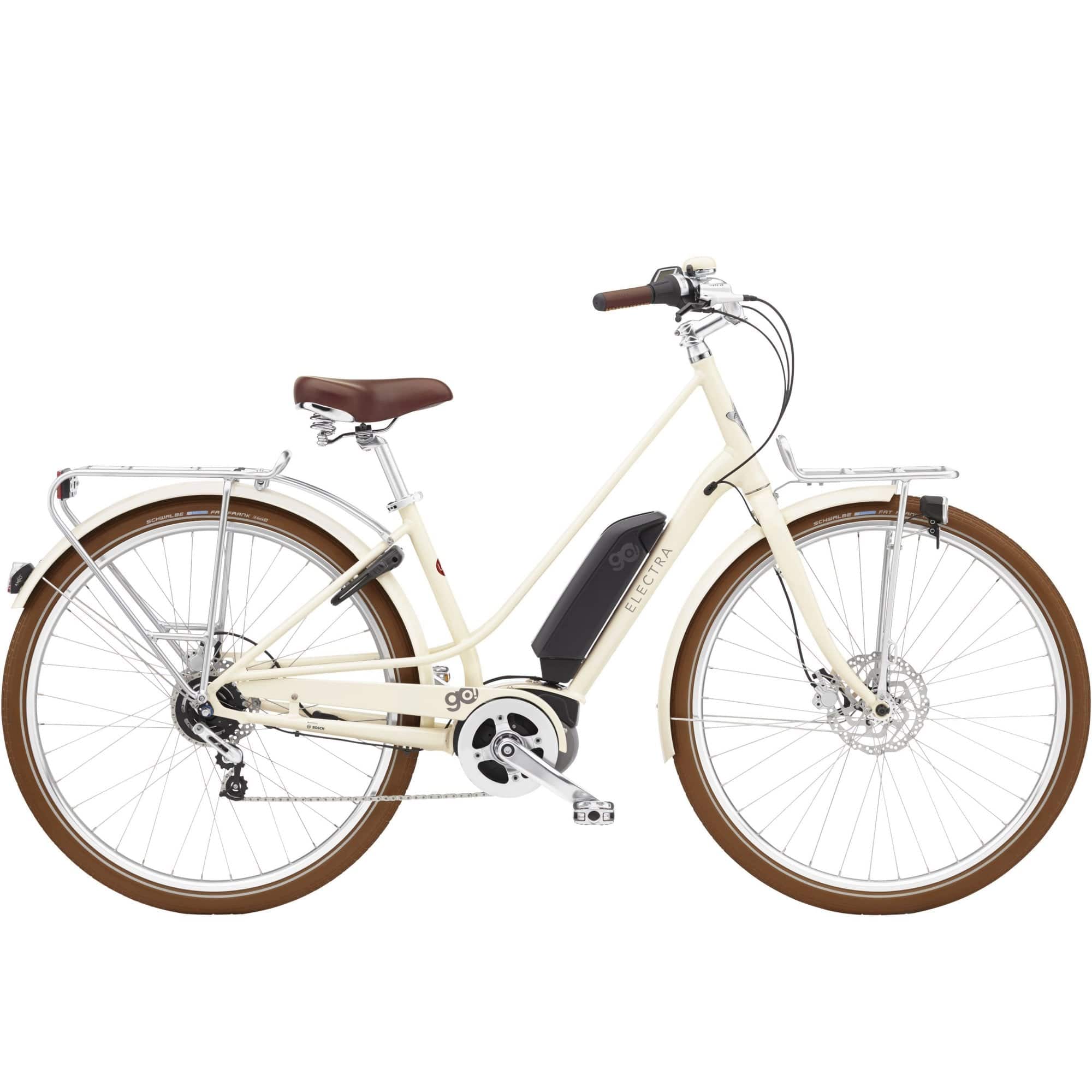 Electra Loft Go! 5i EQ urban e-hybrid bike with step-thru frame and 400 Wh Bosch motor, showcasing the sleek design and electric assist system.