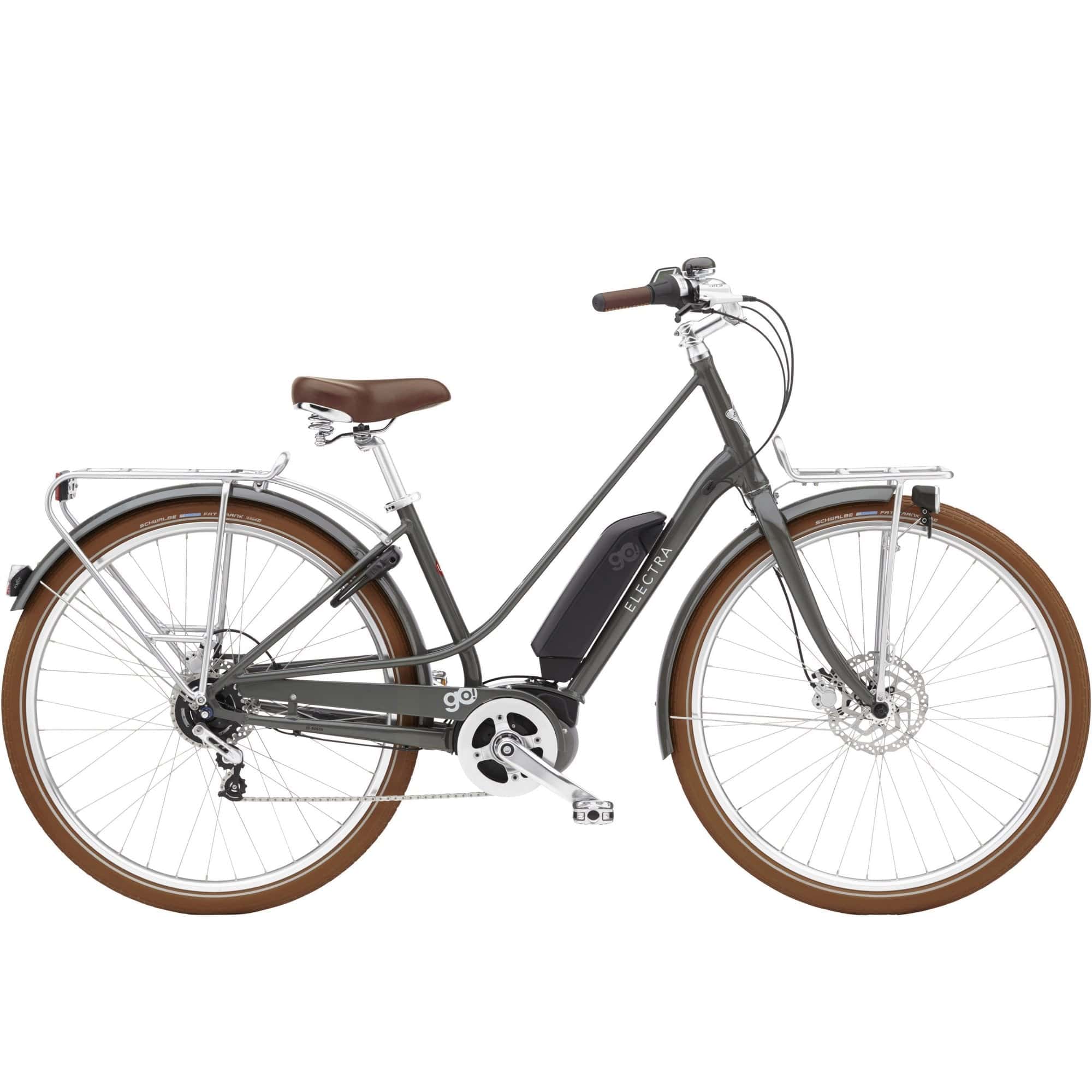 Electra Loft Go! 5i EQ step-thru urban e-hybrid bike with 400 Wh Bosch motor, shown parked on city street.