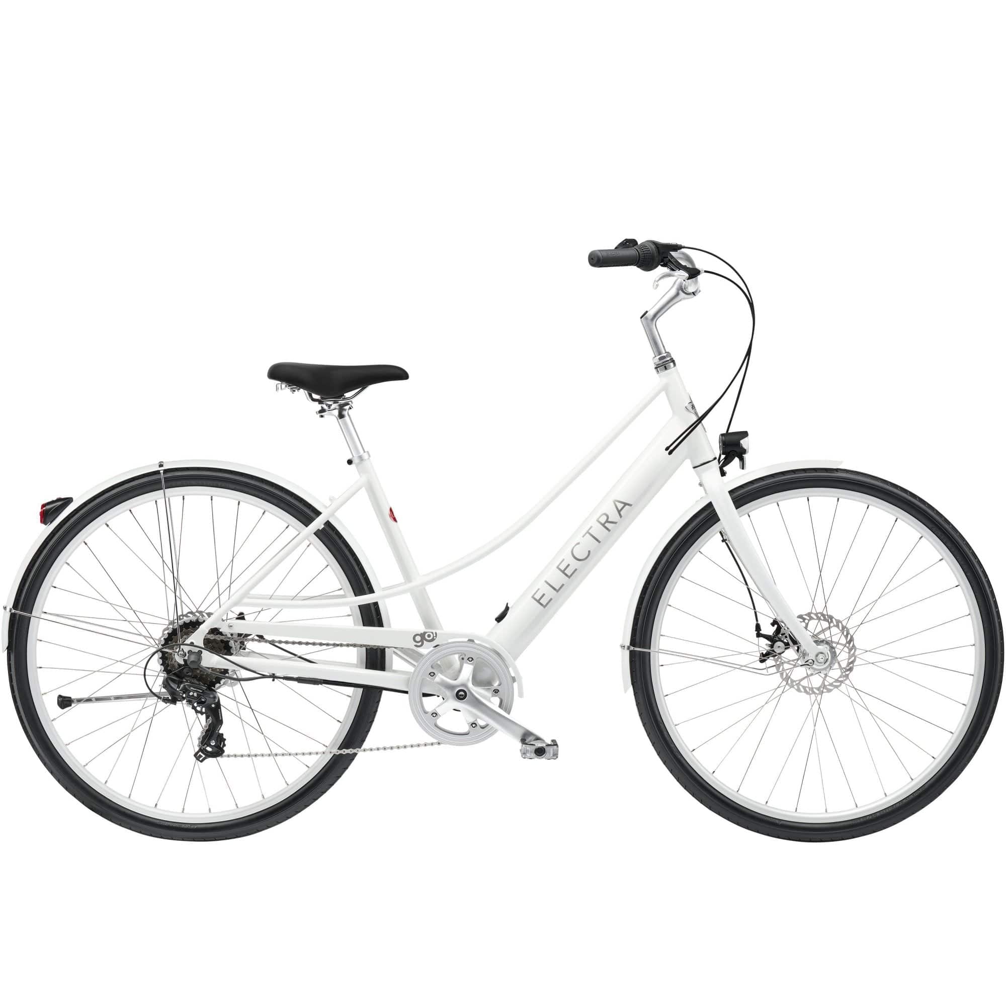 Electra Loft Go! 7D EQ step-thru electric hybrid bike with Shimano 7-speed gears and disc brakes, shown from the side.