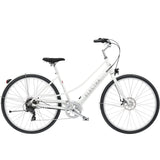 Electra Loft Go! 7D EQ step-thru electric hybrid bike with Shimano 7-speed gears and disc brakes, shown from the side.