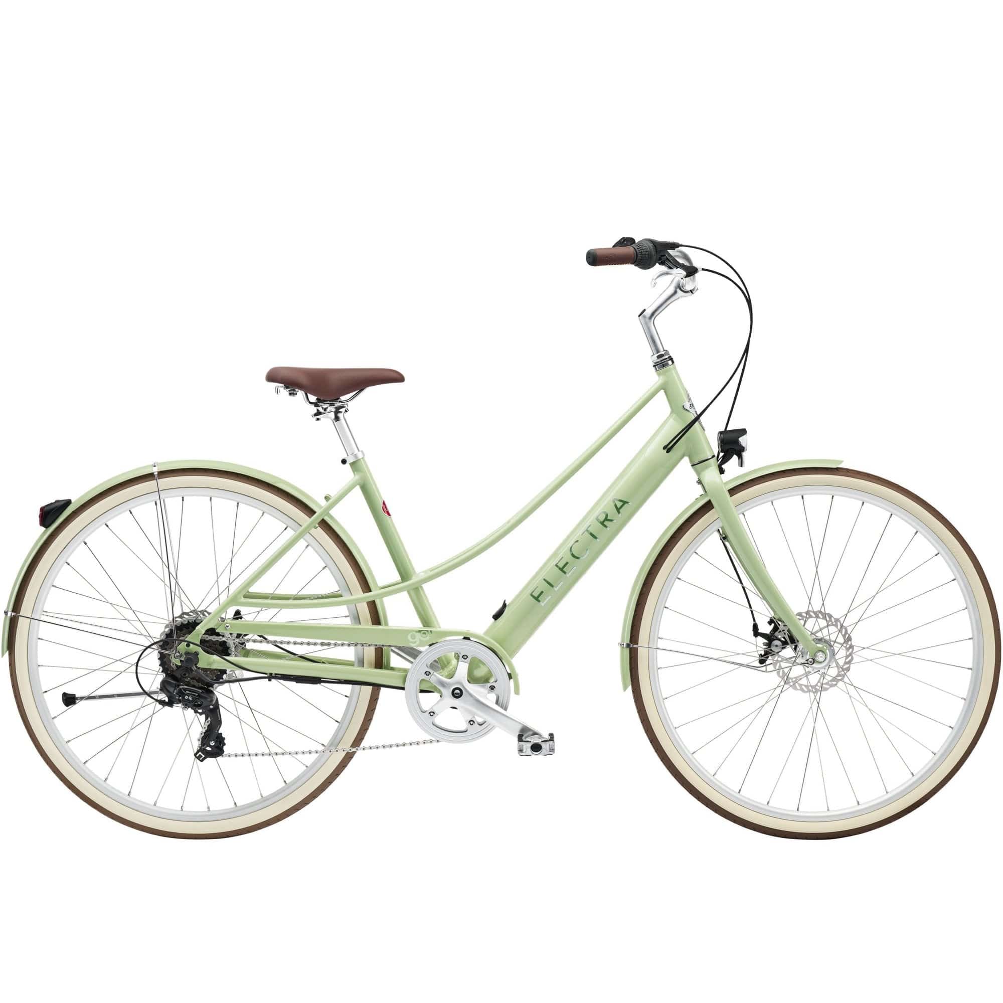 Electra Loft Go! 7D EQ hybrid electric bike with Shimano 7-speed gears and disc brakes, shown from the side with a step-thru frame.