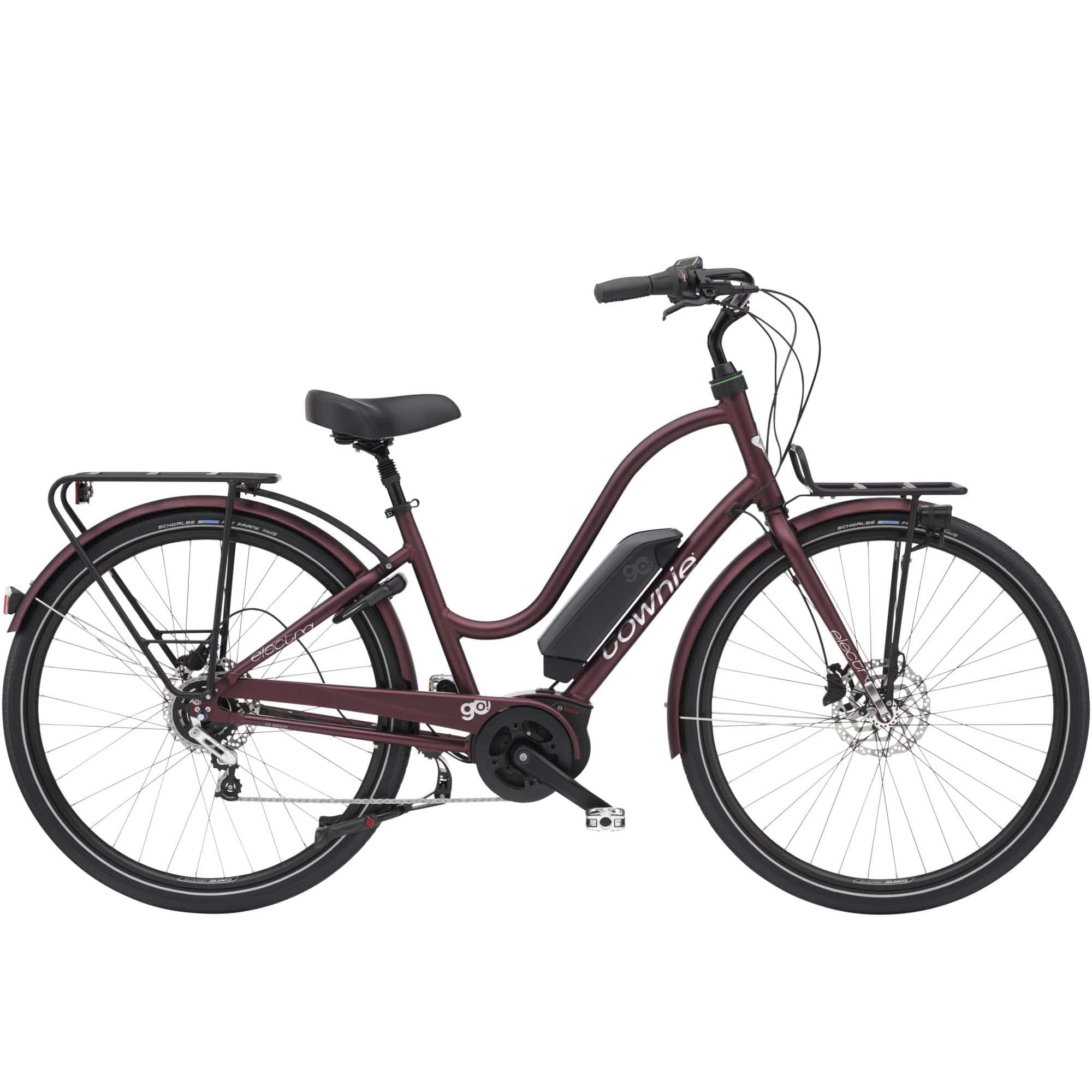 Electra Townie Commute Go! 5i EQ step-thru e-hybrid bike with Bosch motor and integrated racks, ideal for urban commuting.