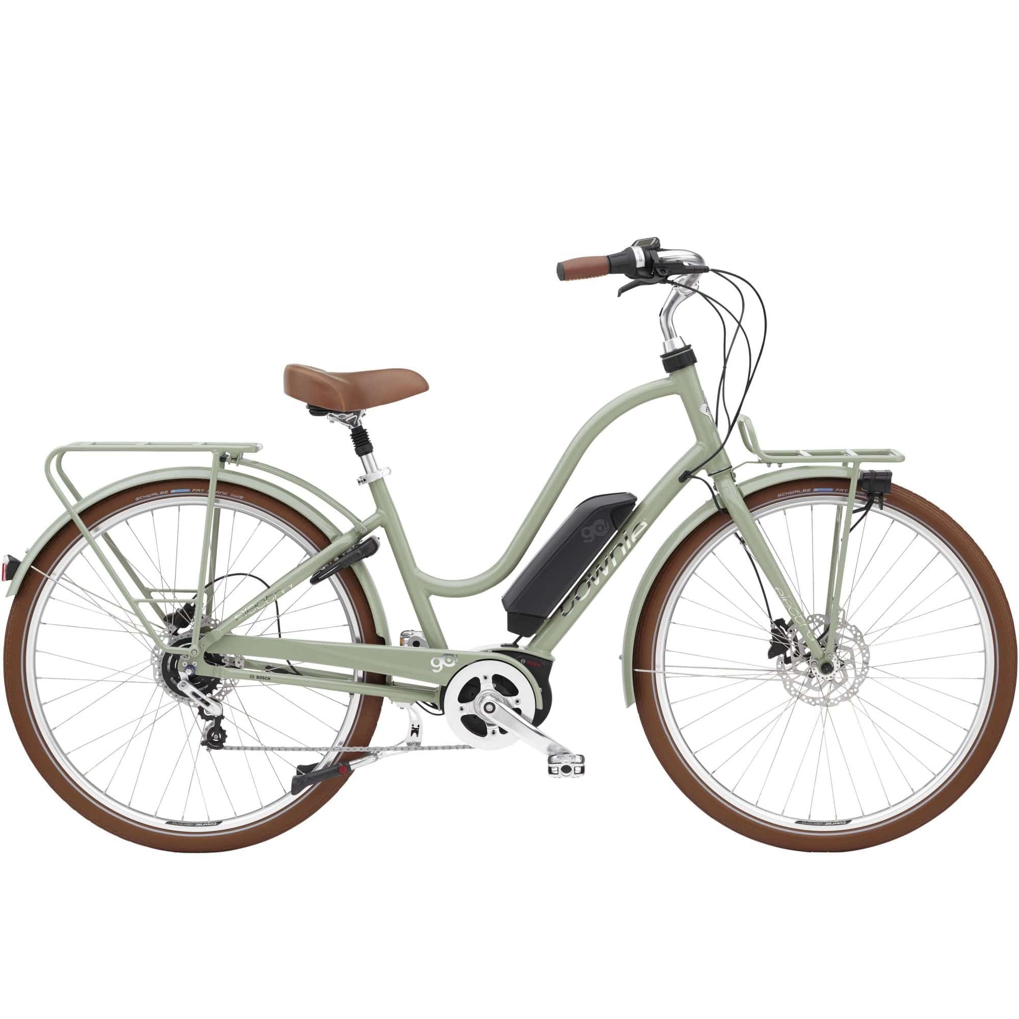 Electra Townie Commute Go! 5i EQ step-through hybrid e-bike with Bosch motor and integrated racks, ideal for urban commuting.