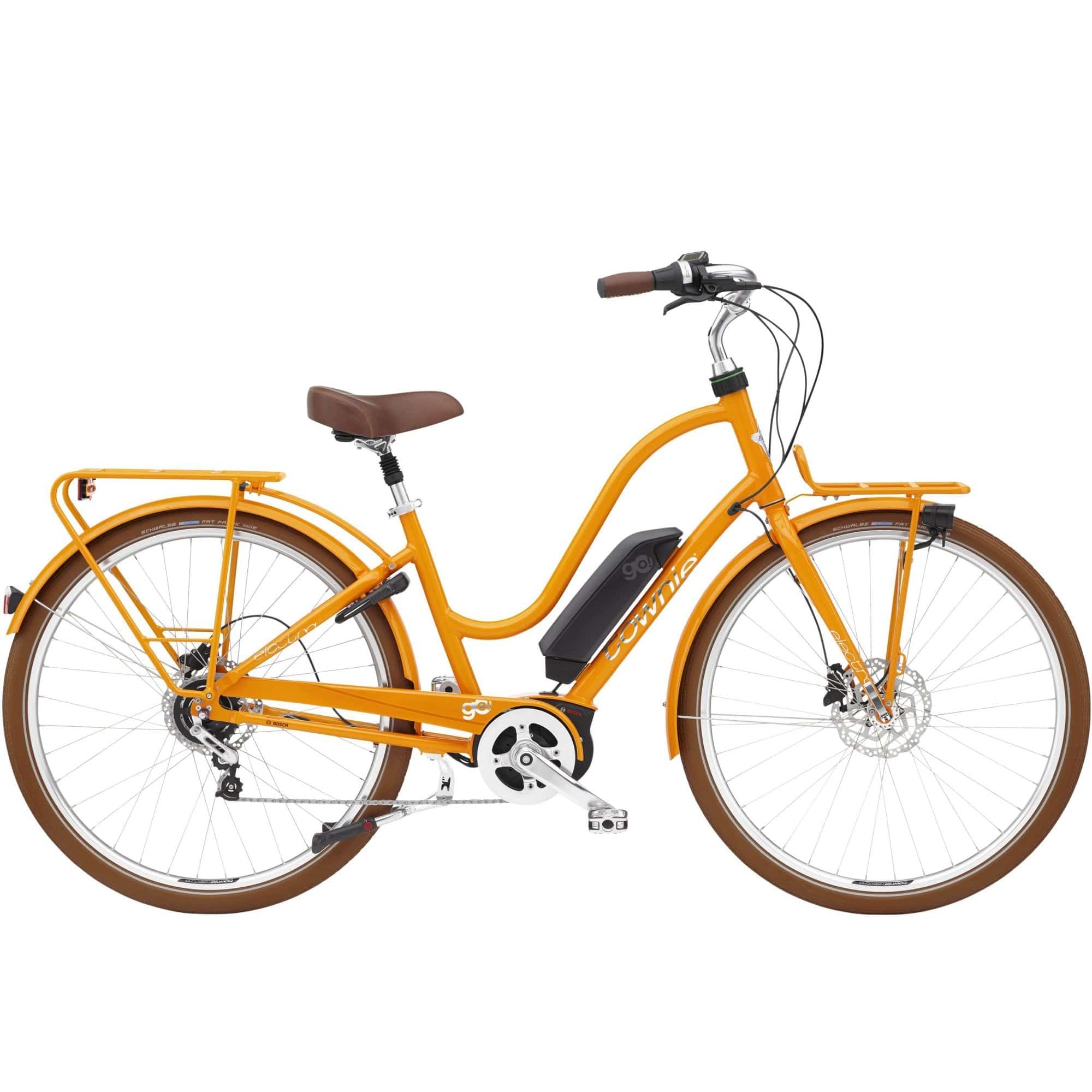 Electra Townie Commute Go! 5i EQ step-thru e-hybrid bike with Bosch motor and integrated racks, suitable for city commuting.