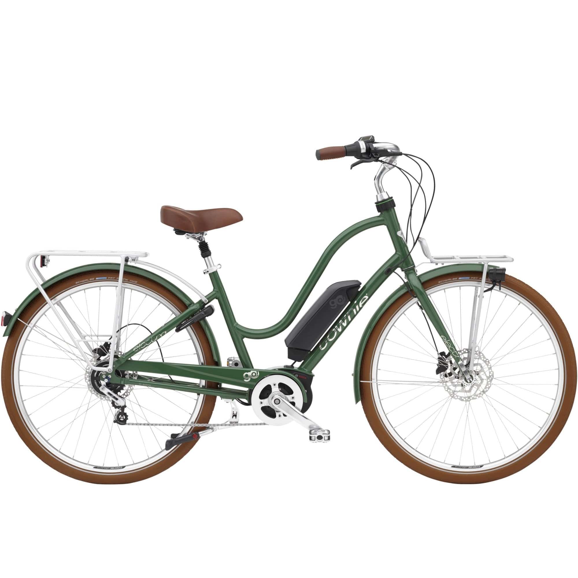 Electra Townie Commute Go! 5i EQ step-thru e-hybrid bike with Bosch motor and integrated racks, suitable for urban commuting.