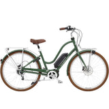 Electra Townie Commute Go! 5i EQ step-thru e-hybrid bike with Bosch motor and integrated racks, suitable for urban commuting.