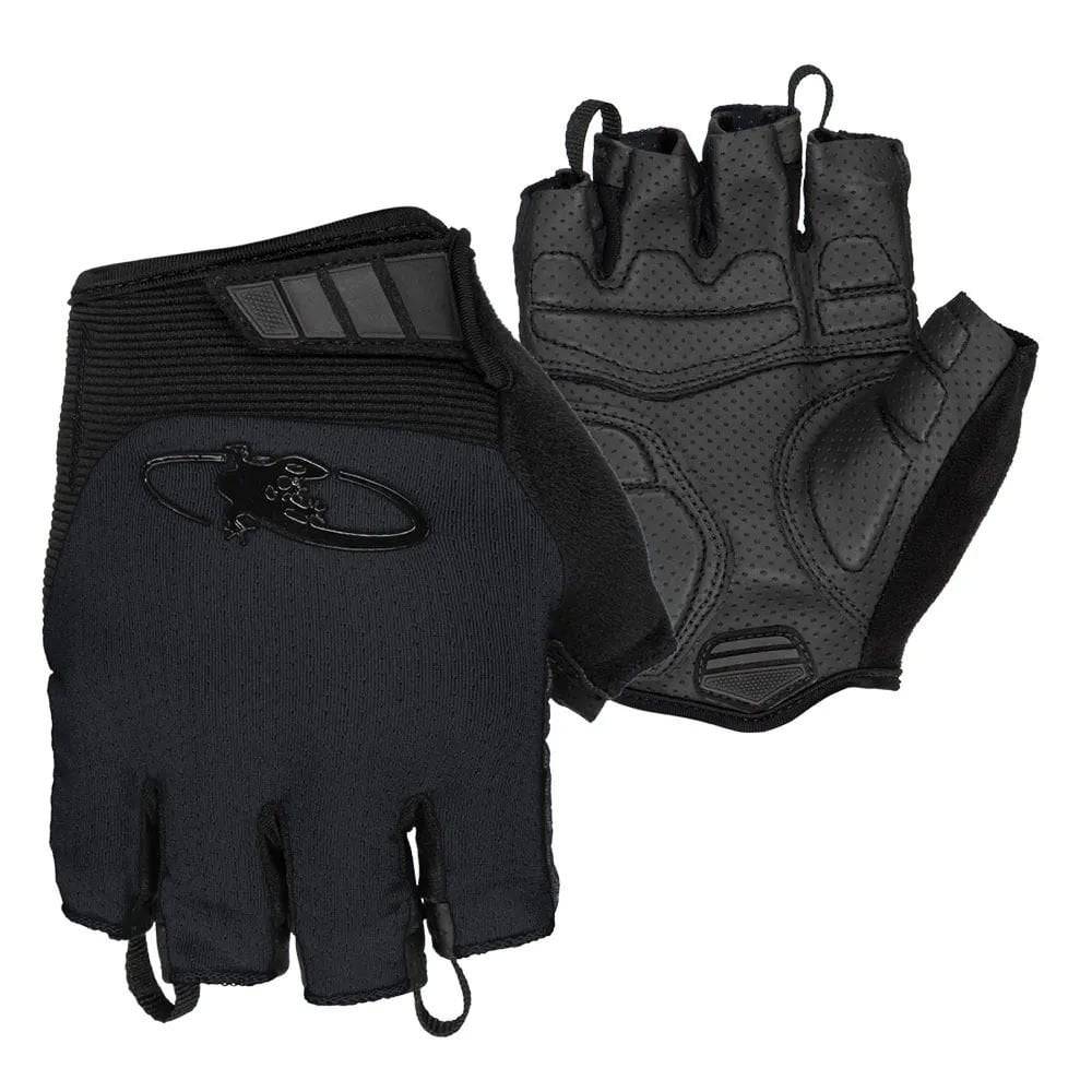 Lizard Skins Aramus Cadence cycling gloves with gel padding and TPR wrist strap, showing black and red design with padded palms.