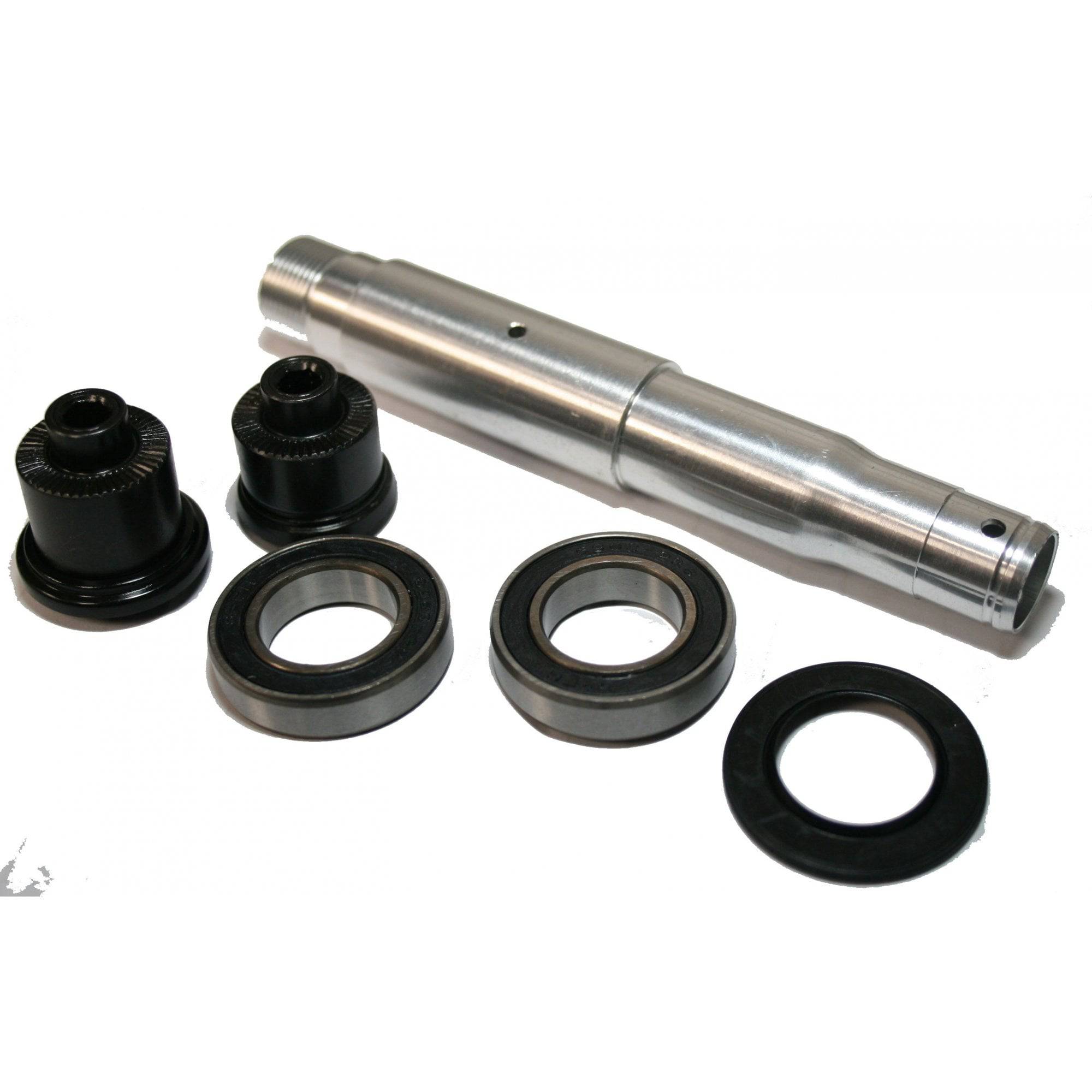 Shimano FH-MT401 bike hub axle replacement showing a silver metal component for wheel assembly.