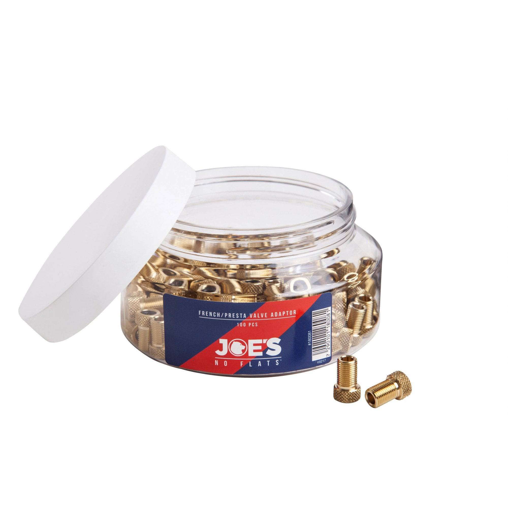Joe's No Flats Presta Valve Adaptor pack with 100pcs for tubeless wheels and tires, component for bike maintenance and setup.