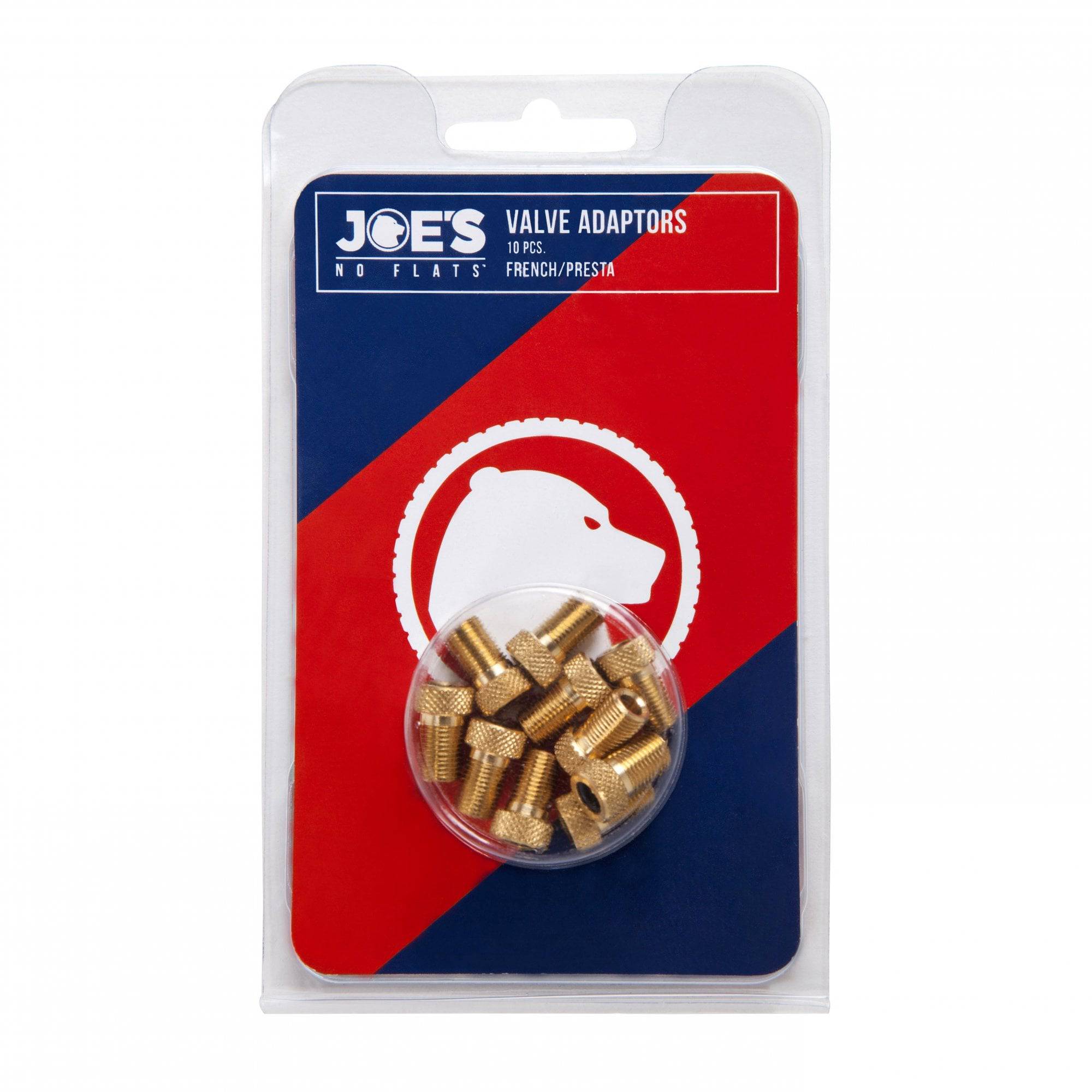 Set of 10 Joe's No Flats Presta valve adaptors for tubeless wheel systems, compatible with bike components.