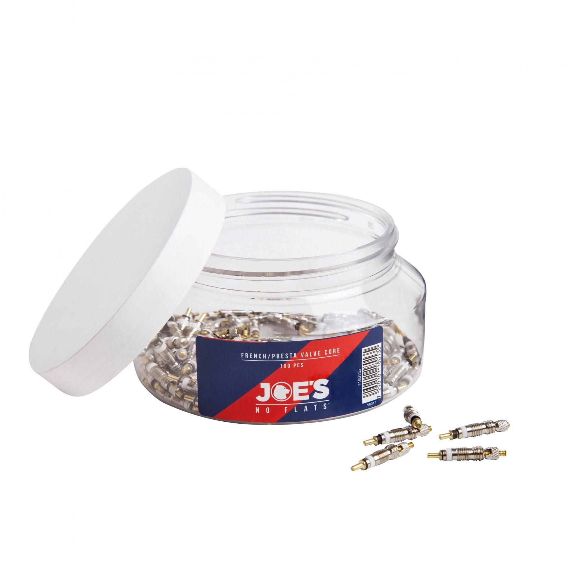 Joe's No Flats Presta valve core set with 100 tubeless bike valve cores, designed for bike tire components and tubeless systems.
