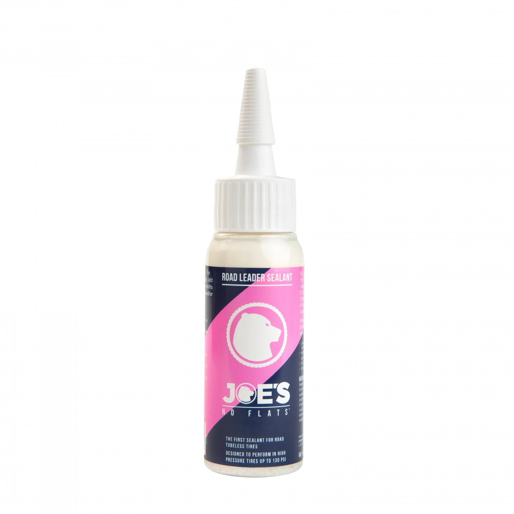 Joe's No Flats Road Leader sealant in a 60ml bottle, designed for high-pressure bike tires to prevent punctures and flats.