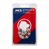 Set of 10 Joe's No Flats Schrader valve keys and caps for tubeless wheel components, includes valve tools and protective caps.