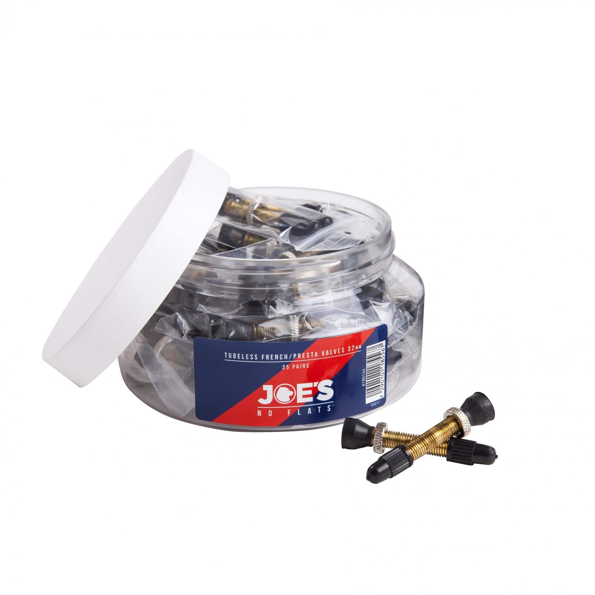 Joe's No Flats tubeless Presta valve set with 25 pairs, durable tire components for tubeless bicycle tires.