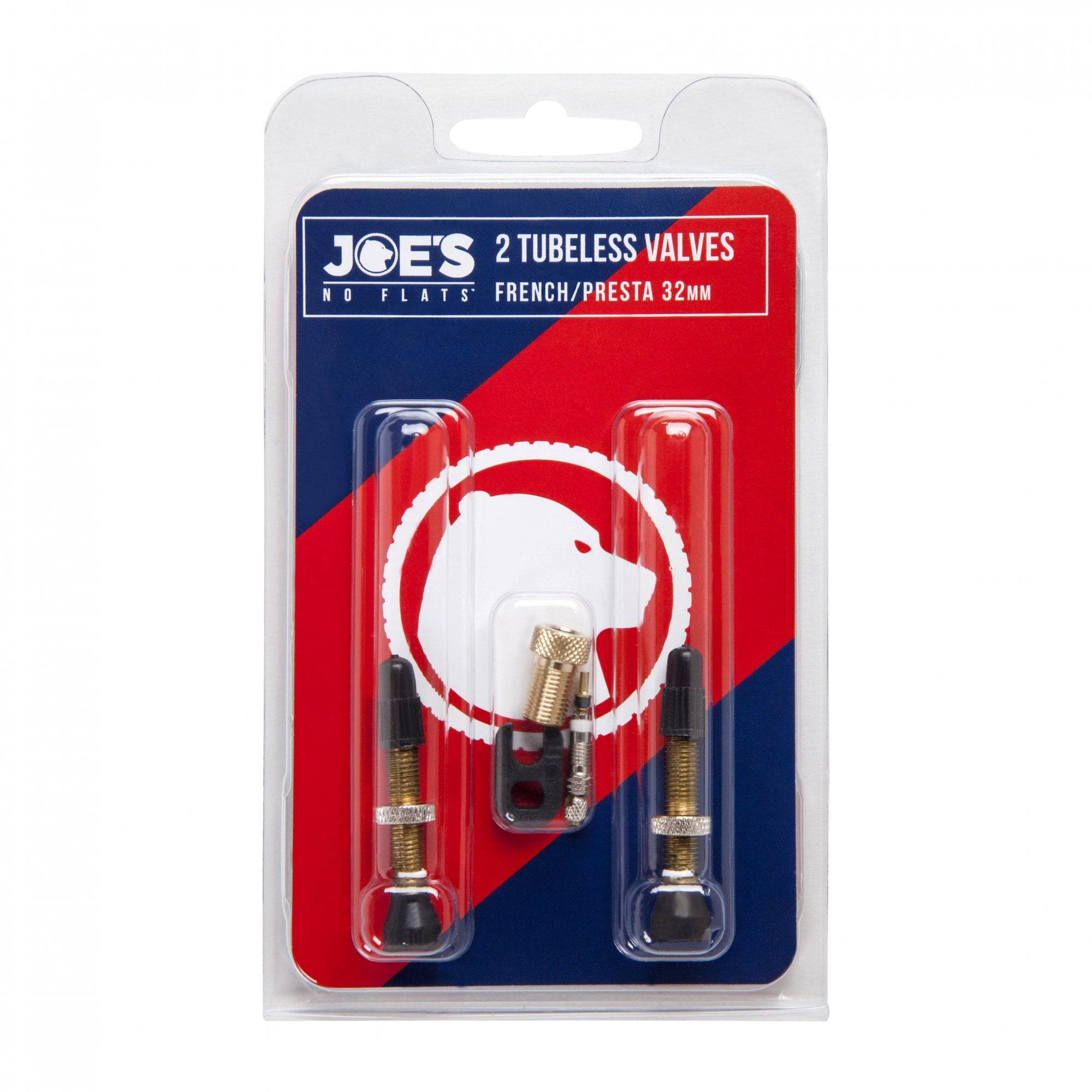 Pair of Joe's No Flats tubeless Presta valves for tire systems, black metal components for tubeless bicycle tires.