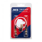Pair of Joe's No Flats tubeless Presta valves for tire systems, black metal components for tubeless bicycle tires.
