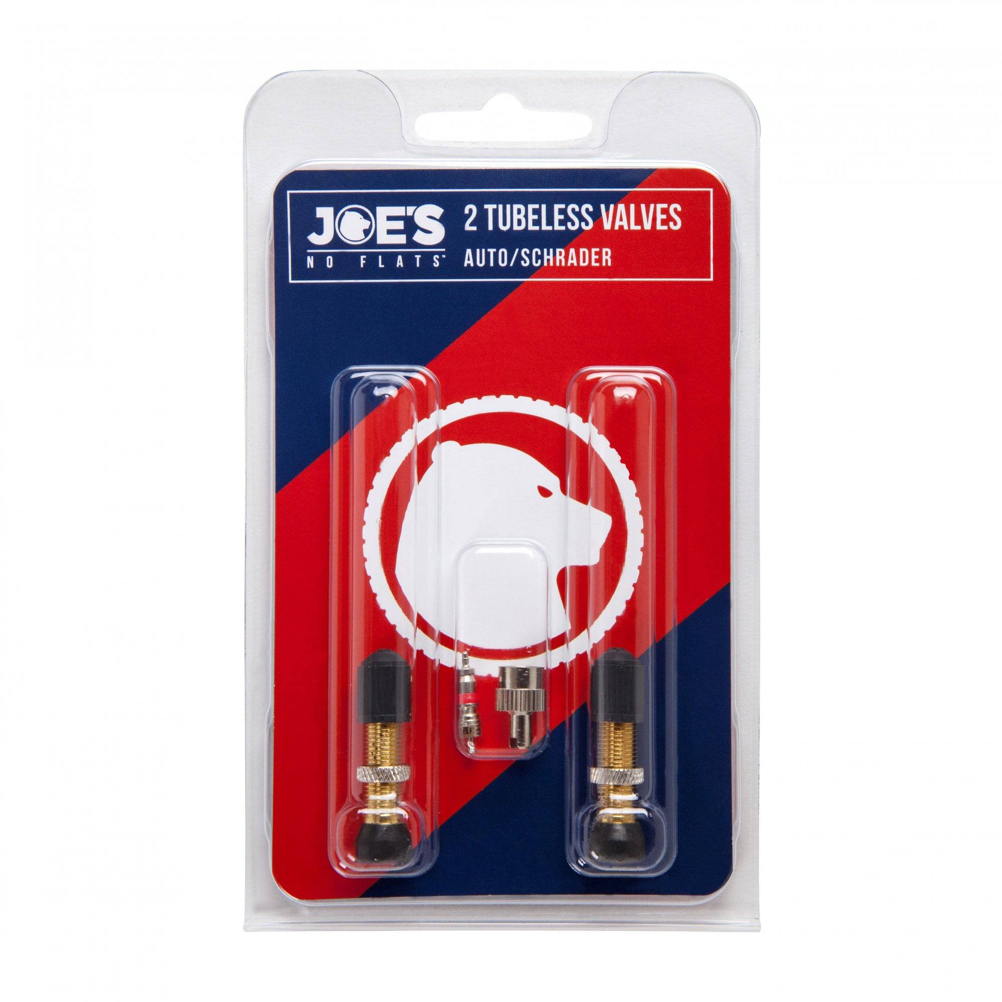 Pair of Joe's No Flats tubeless Schrader valves for tubeless tire setups, durable bicycle components for secure inflation.