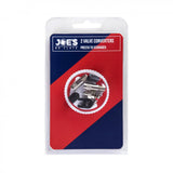 Pair of Joe's No Flats Presta to Schrader valve converters for tubeless wheel components, compatible with bike tires.