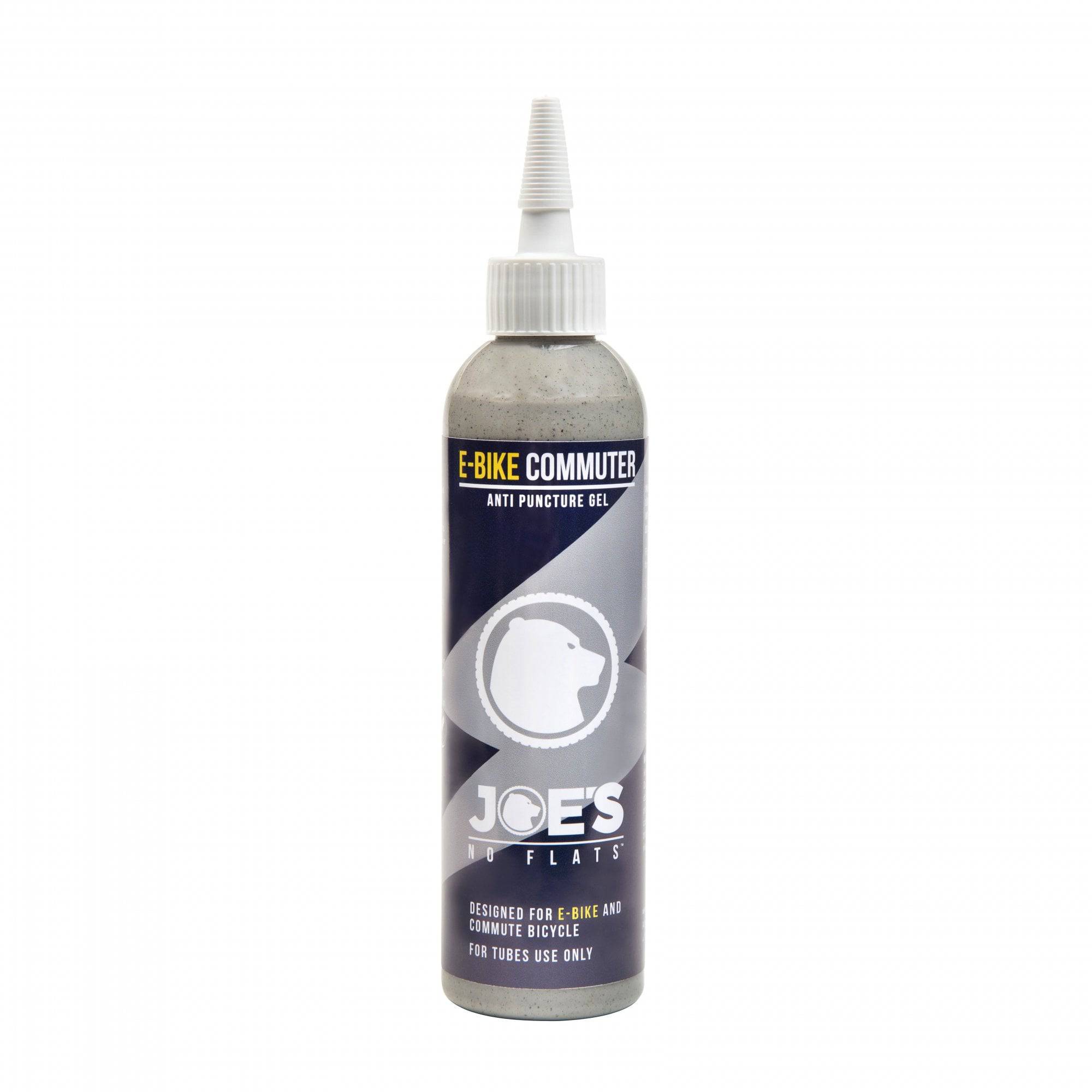 Joe's No Flats E-Bike Commuter Gel Tube Sealant for puncture protection, shown in a clear tube with branding and applicator nozzle.