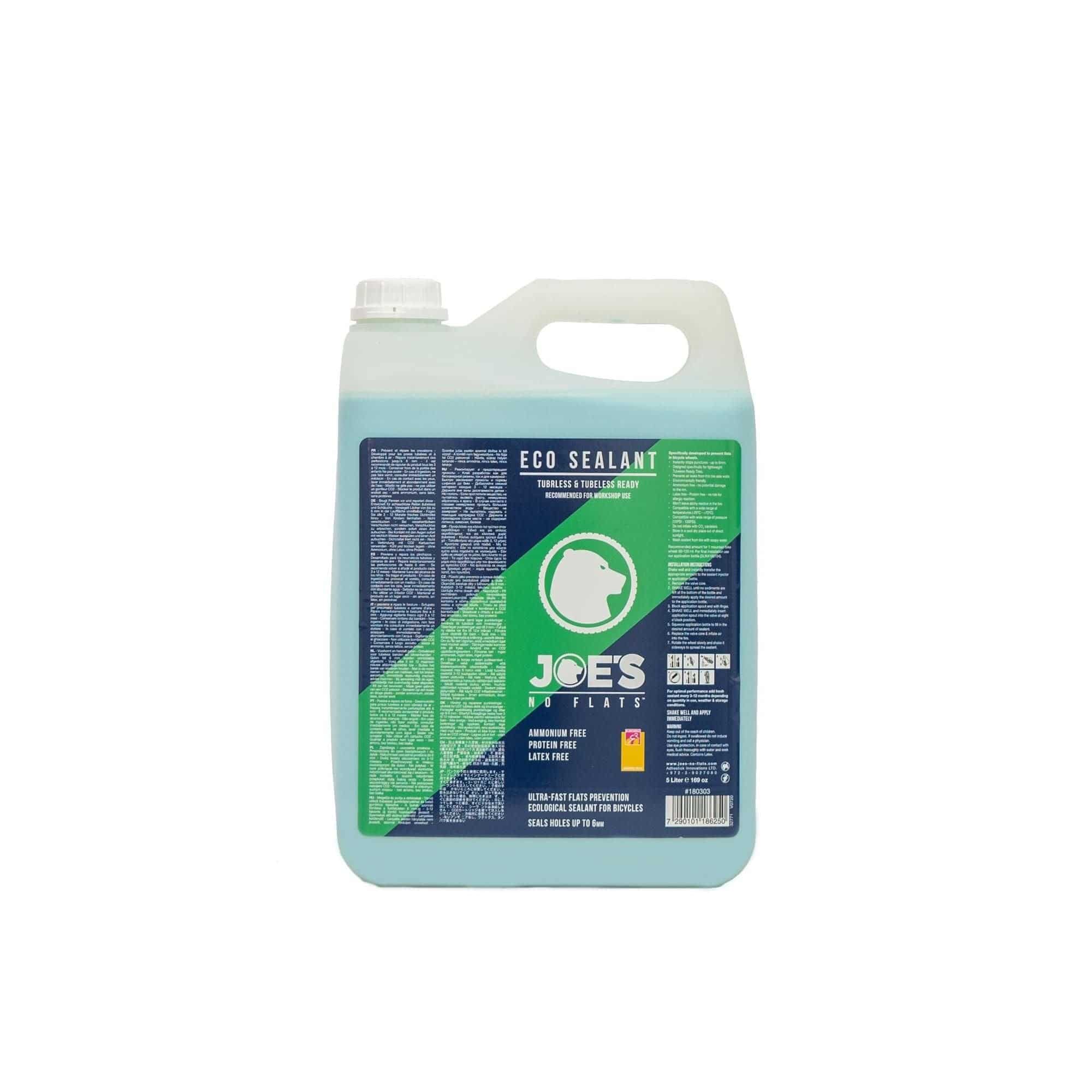 Joe's No Flats Eco Sealant for tubeless ready tires, tubeless tire sealant component in a clear container with label.