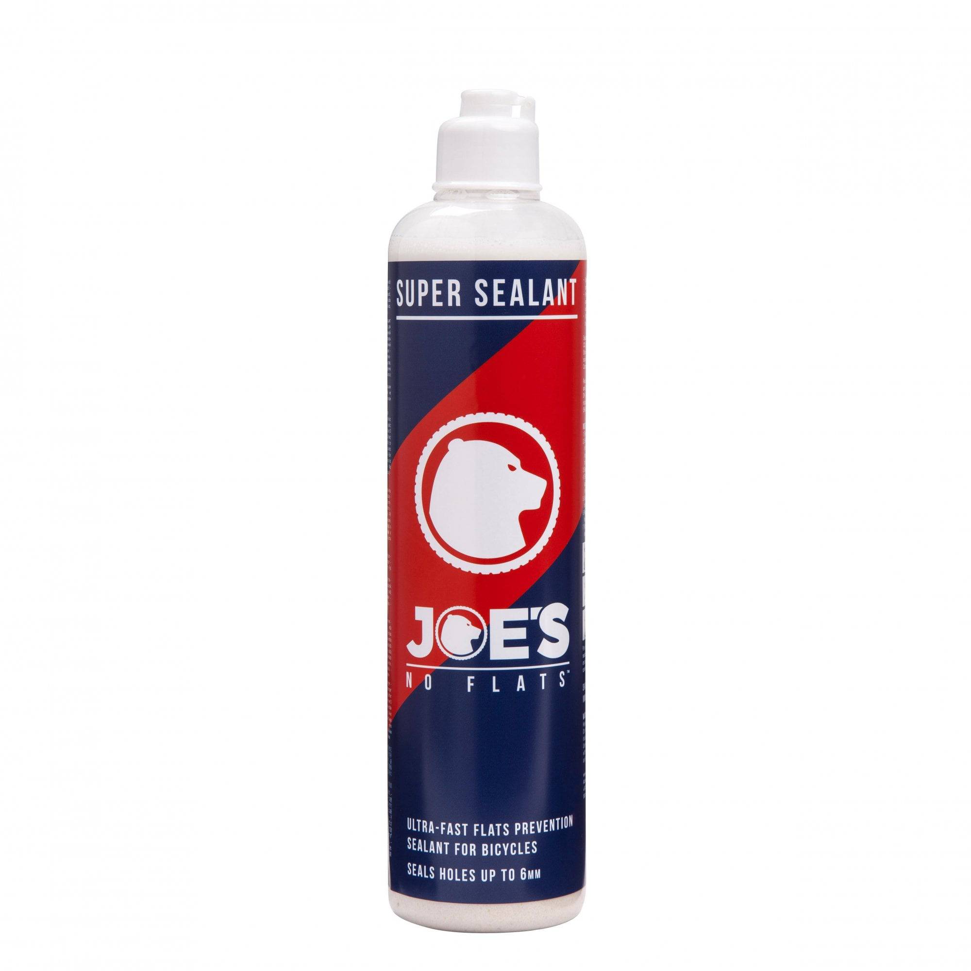 Joe's No Flats Super Sealant tubeless tire sealant for fast puncture repair, shown in a container for bicycle or motorcycle tires.