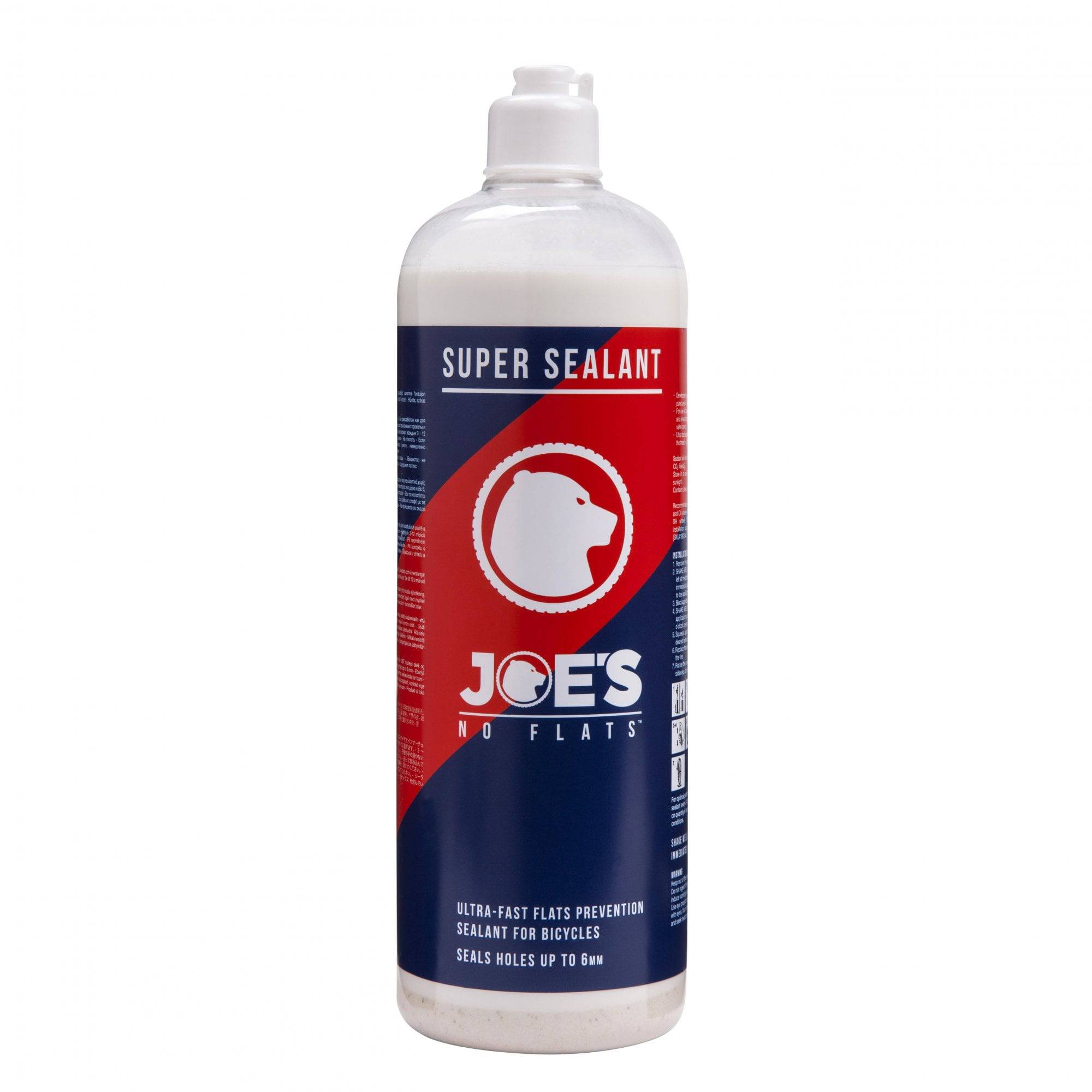 Joe's No Flats Super Sealant Tubeless Tire Sealant for fast puncture repair, shown in a clear container.