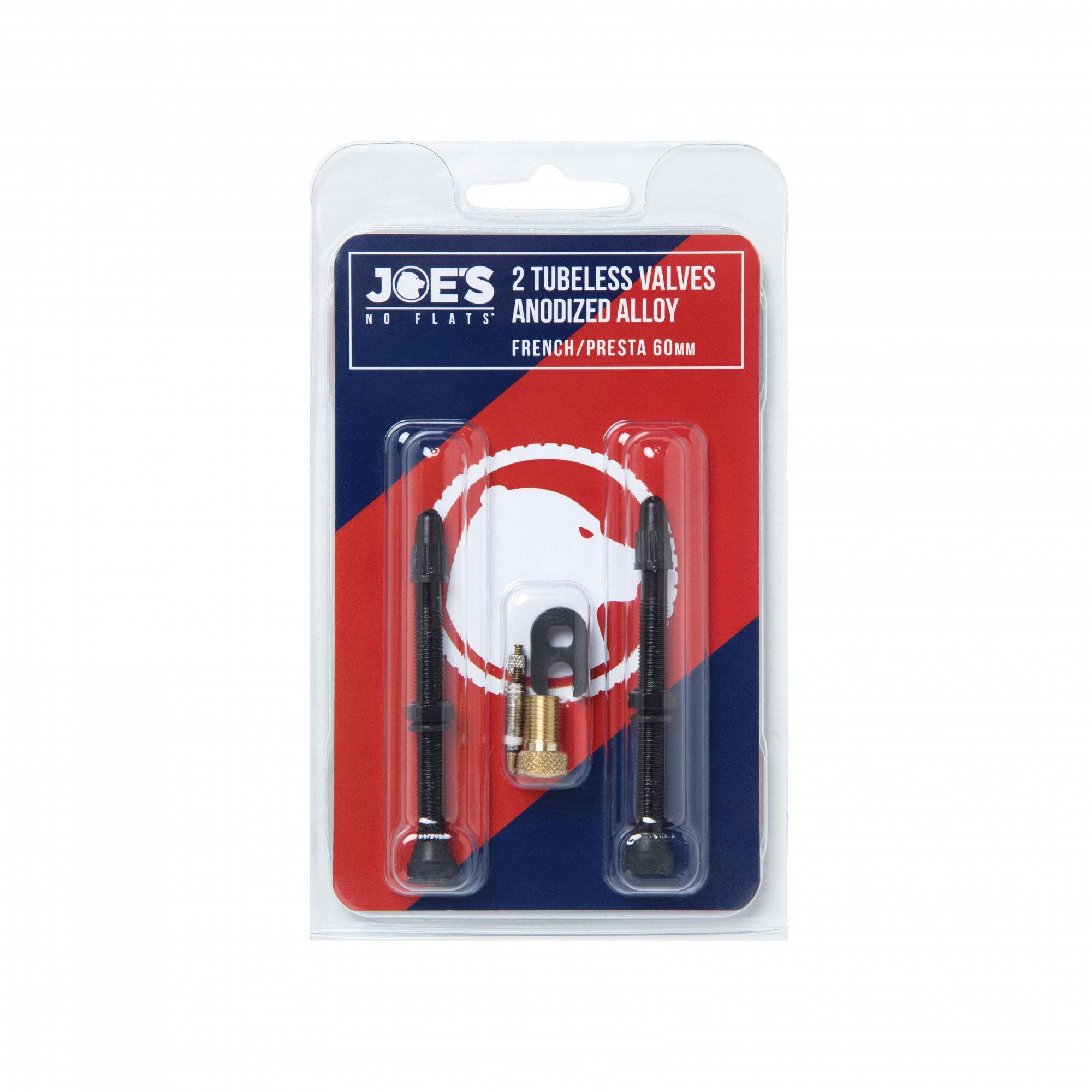 Pair of Joe's No Flats anodized black tubeless presta valves for bicycle tires, showcasing durable component design
