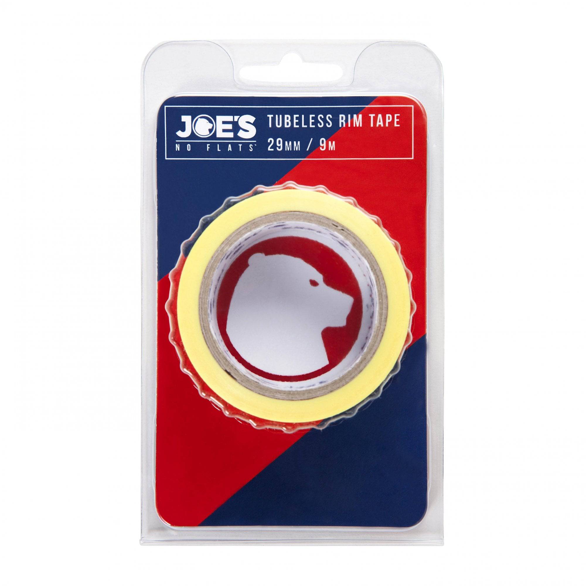Joe's No Flats tubeless rim tape for airtight sealing on high-pressure bike tires, shown on a bicycle wheel.