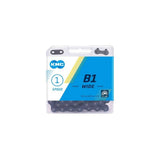 KMC B1 wide black bike chain with 112 links, suitable for single speed, BMX, and fixed gear bikes, close-up view