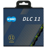 KMC DLC 11-speed bike chain in black and green with diamond-like coating, 118 links, designed for high-performance cycling components.