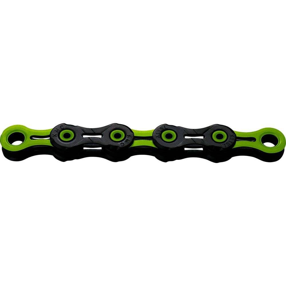 KMC DLC 11-speed black and green bike chain with diamond-like coating, showing links and detailed surface texture.