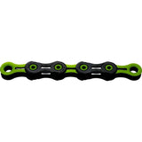 KMC DLC 11-speed black and green bike chain with diamond-like coating, showing links and detailed surface texture.