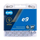 KMC E9 EPT 136L nickel-plated 9-speed e-bike chain for mid-motor systems, showing the durable metal links and branding.