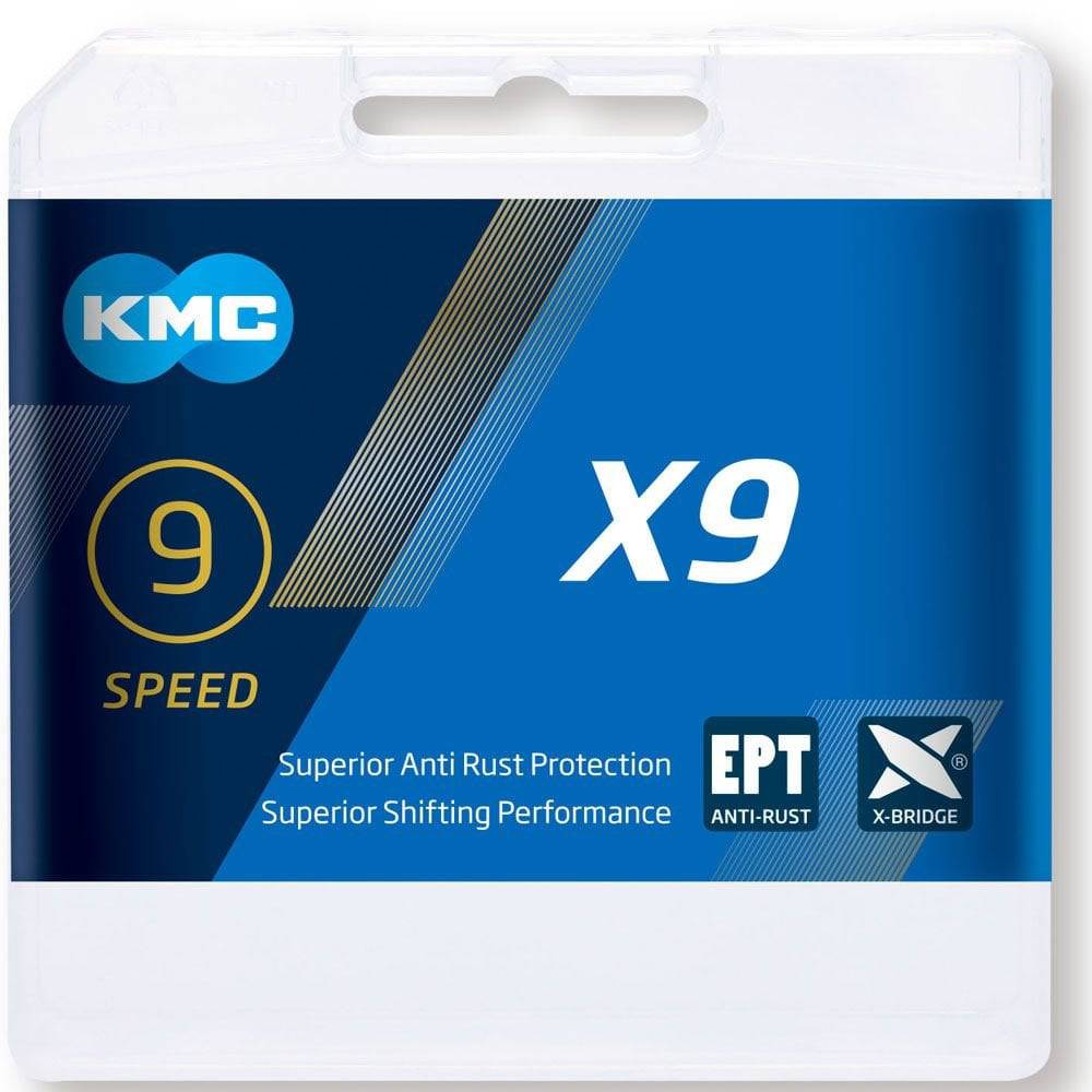 KMC E9 EPT 136L nickel-plated 9-speed e-bike chain for mid-motor systems, close-up view of the durable bicycle component.