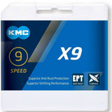 KMC E9 EPT 136L nickel-plated 9-speed e-bike chain for mid-motor systems, close-up view of the durable bicycle component.