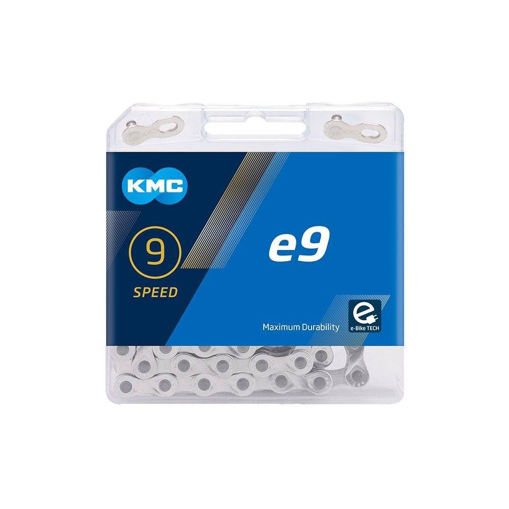 KMC E9 Silver 122L 9-speed e-bike chain with triple X-durability and nickel plating, designed for high-performance e-bike components.