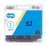 KMC S1 Wide 112L single speed bike chain in brown with rust-resistant coating, designed for durable bicycle component performance.