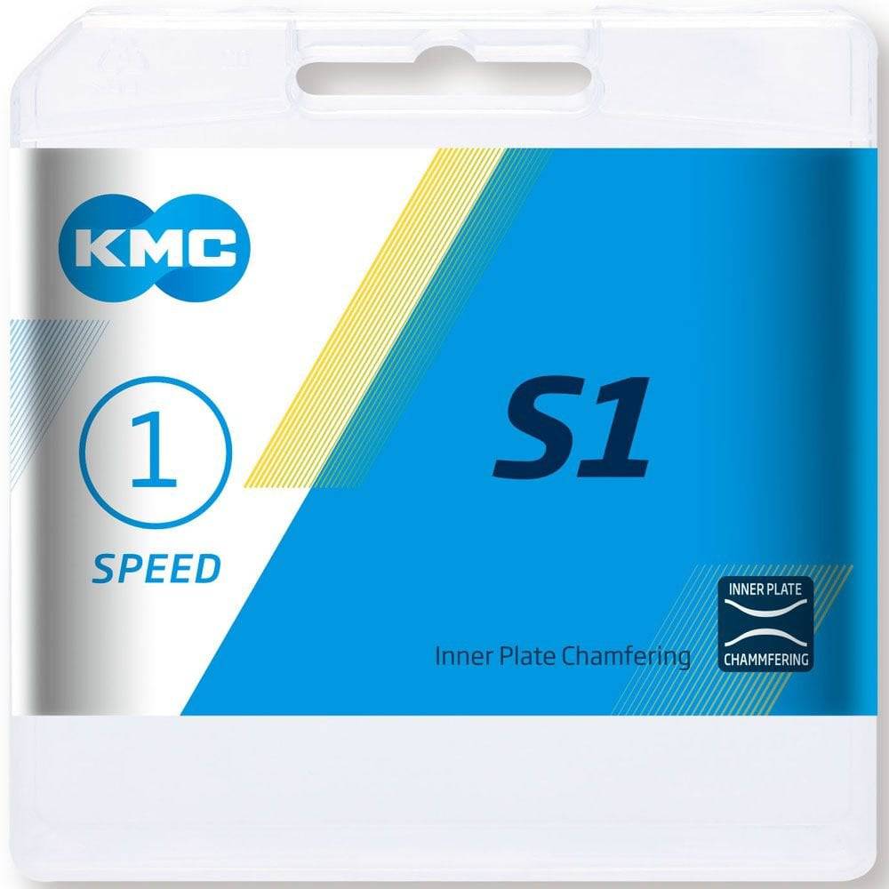 KMC S1 Wide 112L single speed bike chain in brown rust-resistant coated metal, designed for durable cycling performance.