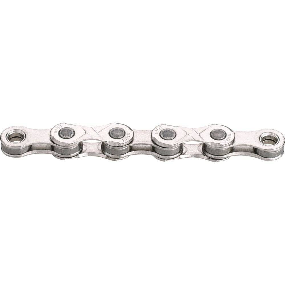 KMC X10 EPT 114L 10-speed bike chain with EcoProTeQ rust-resistant coating, showing the silver metal links and branding.