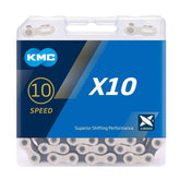 KMC X10 10-speed silver and black bike chain with 114 links, compatible with Shimano, Sram, and Campagnolo components.