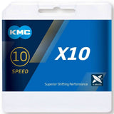 KMC X10 10-speed silver and black bike chain with 114 links, compatible with Shimano, Sram, and Campagnolo bike components.
