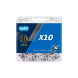 KMC X10 122L silver and black 10-speed bike chain with stretch-proof technology, showing close-up of chain links and branding.