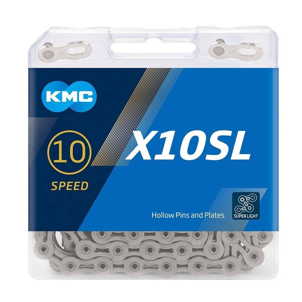KMC X10SL 10-speed silver bike chain with 114 links and missing link for smooth shifting on bicycle components.