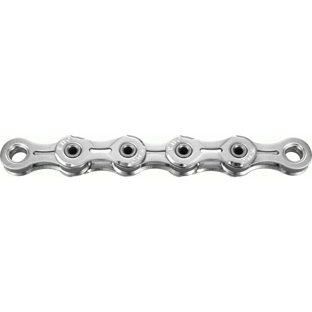 KMC X10SL 10-speed silver bike chain with 114 links and missing link for smooth shifting on bicycle components.