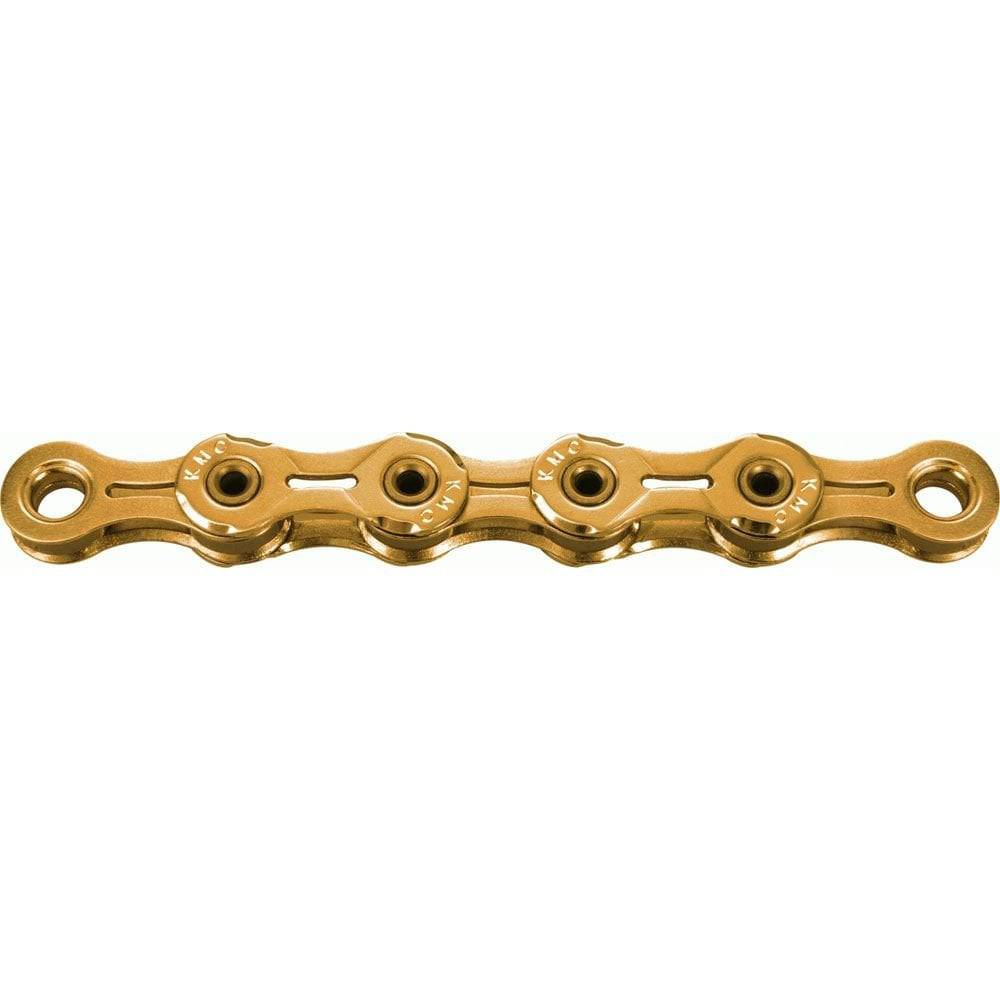 KMC X10SL Ti-N Gold 114L bike chain for Shimano SRAM Campagnolo 10-speed bikes, showing the gold-colored chain links.