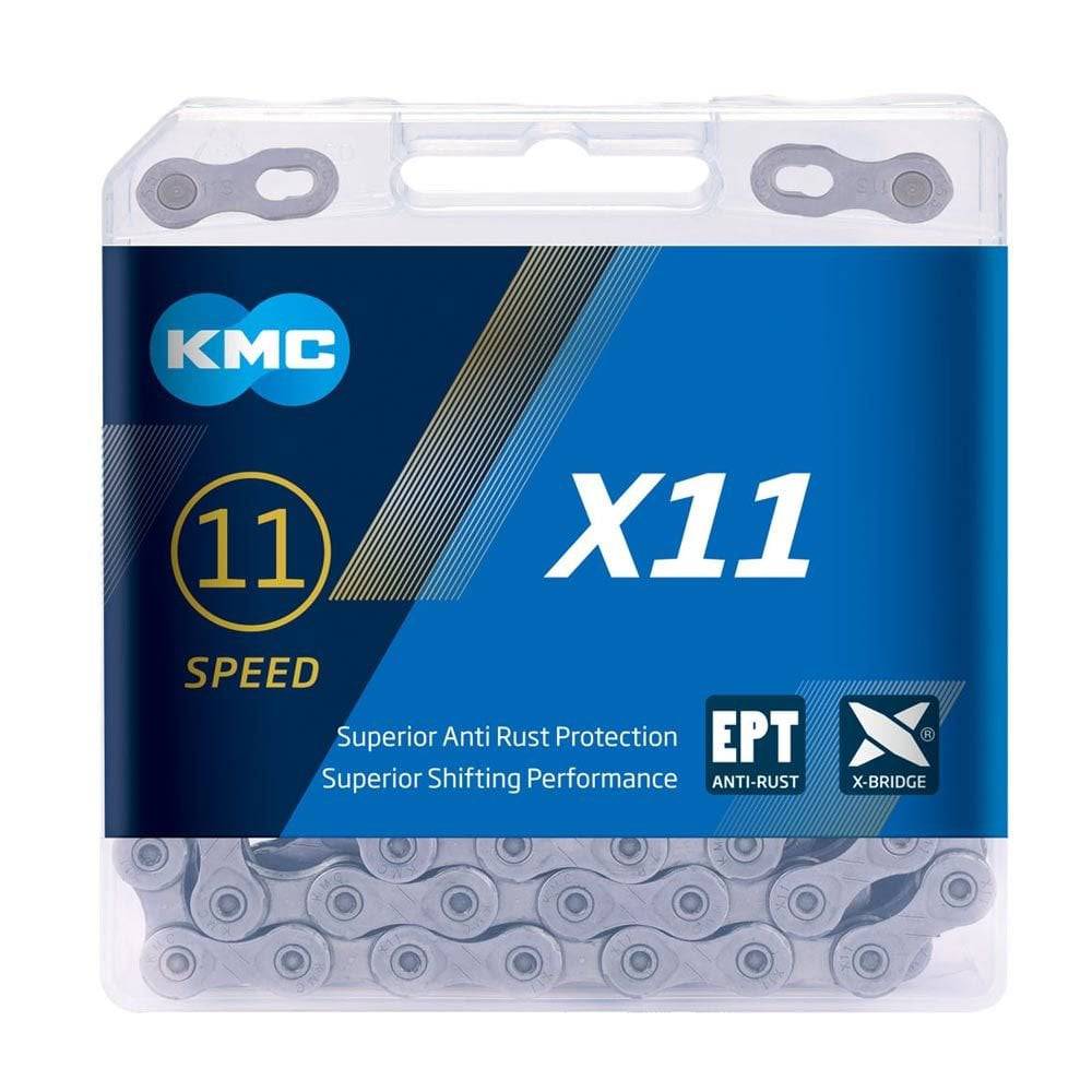 KMC X11 EPT 118L 11-speed bike chain with Eco-Proteq rust protection, shown on a bicycle component