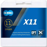 KMC X11 EPT 118L 11-speed bike chain with Eco-Proteq rust protection, metal links, and brand logo for bike component enhancement.