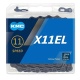 KMC X11El 11-speed black bike chain with 118 links for road and mountain bike systems, showing the chain laid out flat.